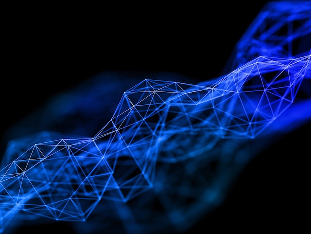3D render van een laag poly plexus ontwerp met netwerkcommunicatiestructuur