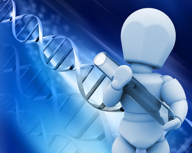 3D render van een man die een proefbuis op een DNA-achtergrond houdt