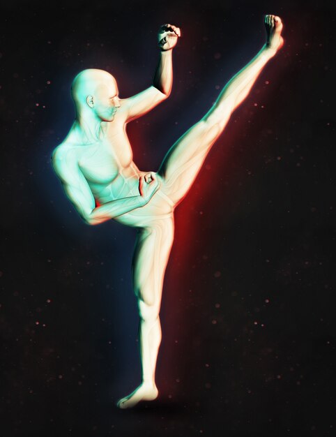 3D render van een mannelijke figuur in kickboxing pose met dubbel kleur effect