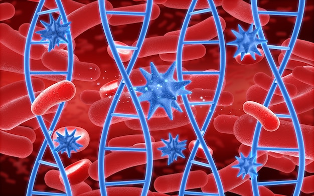 3D render van een medische achtergrond met bloedcellen DNA-strengen en virus cellen