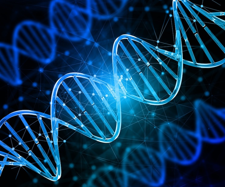 Gratis Foto 3d render van een medische achtergrond met dna-strengen die punten dichten