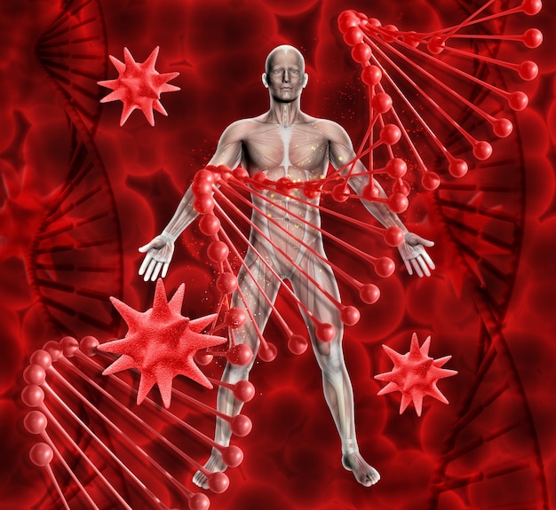 Gratis foto 3d render van een medische achtergrond met mannelijke figuur dna strengen en virus cellen