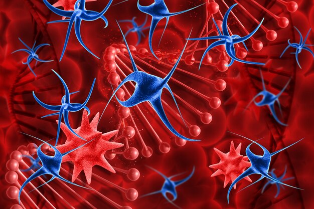 3D render van een medische achtergrond met viruscellen en DNA-strengen