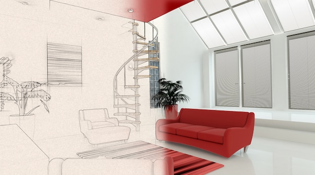 Gratis foto 3d render van een modern interieur met een half in schets fase