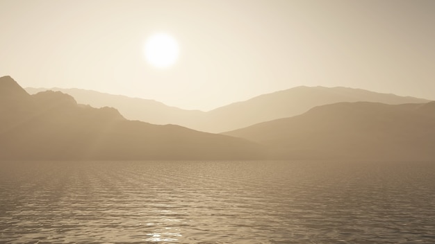 3d render van een oceaan tegen een berglandschap in sepia tinten