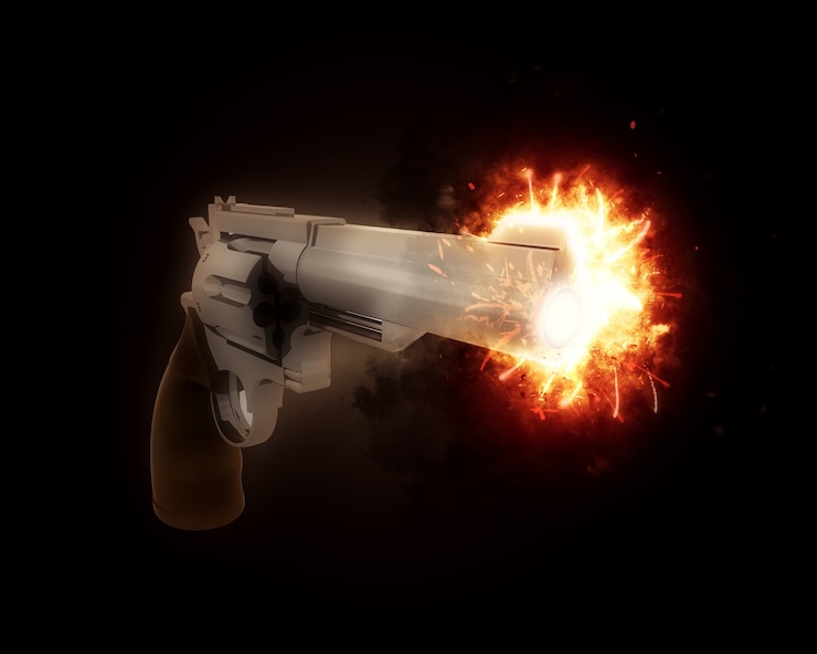 Gratis Foto 3d render van een pistool met een exploderende vat