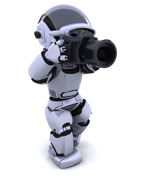 3D render van een robot met digitale SLR-camera