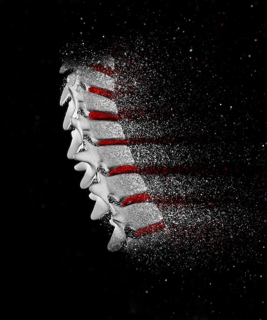 3D render van een ruggengraat afbeelding met desintegratie effect van