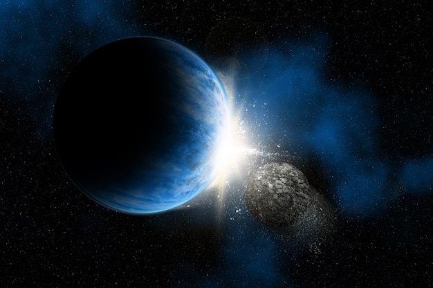3D render van een ruimte achtergrond met fictieve planeten asteroïde rots