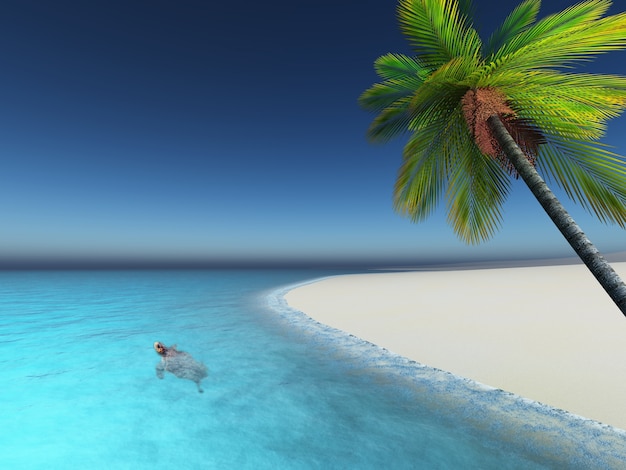 Gratis foto 3d render van een schildpad in een tropische zee in de buurt van een palmboom strand