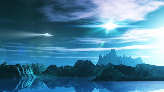 3D render van een science fiction landschap met ufo
