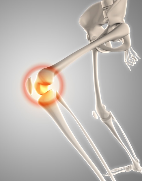 Gratis foto 3d render van een skelet met benadrukte knie laten zien pijn