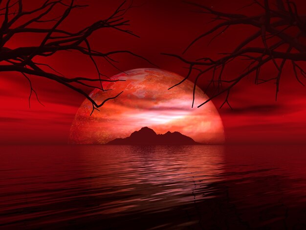 3D render van een surrealistisch landschap met fictieve planeet en eiland in zee