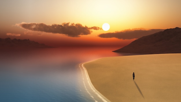 3D render van een vrouwelijke lopen op het strand bij zonsondergang