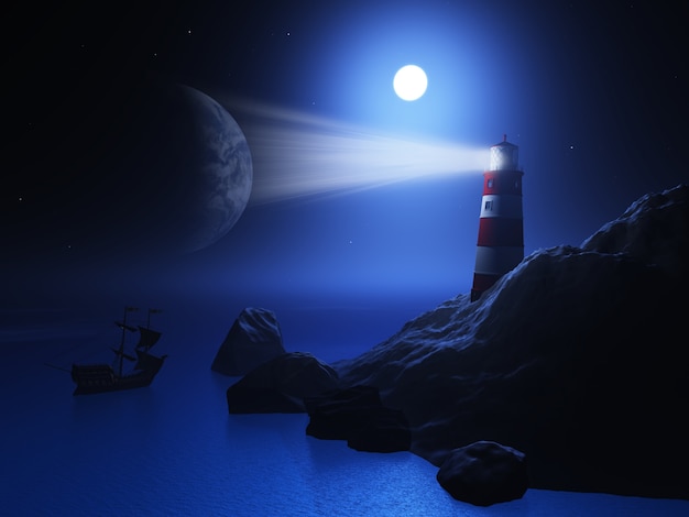 3D render van een vuurtoren met een schip op de oceaan