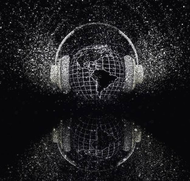 3D render van een wereldbol met een koptelefoon met glitter effect op zwarte achtergrond