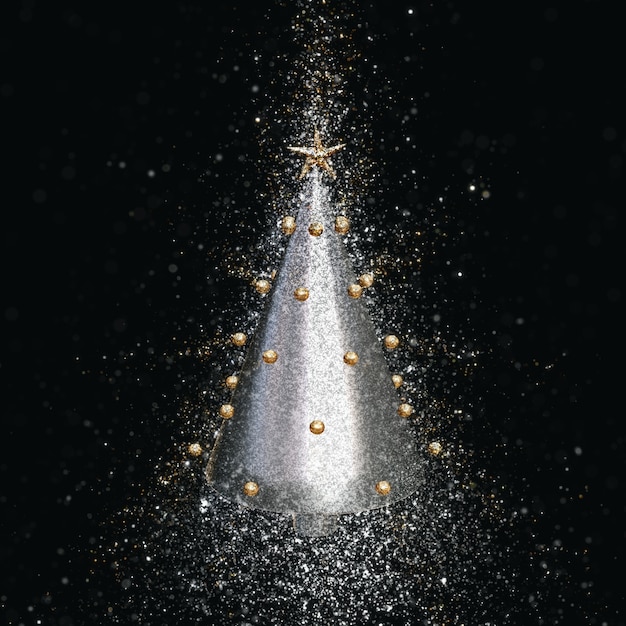 3d render van een zilveren kerstboom met een exploderende glitter effect