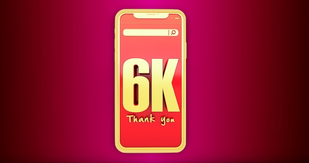 3d render van gouden 6k-nummers boven een smartphone. bedankt 6k sociale media supporters.