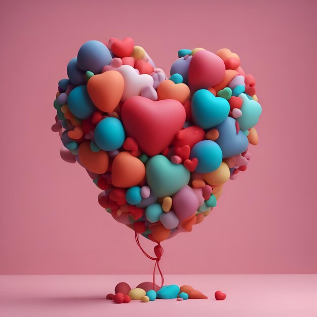 3D render van hartvormige ballon met kleurrijke hartjes op roze achtergrond