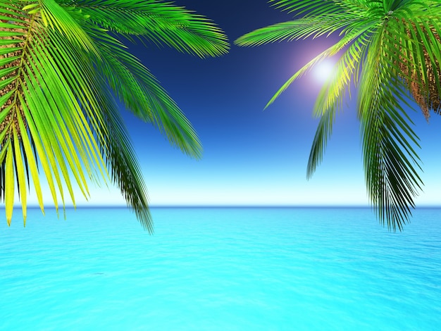 3D render van palmbomen tegen een tropische oceaan scene
