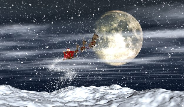 3D render van Santa vliegen door de nachtelijke hemel