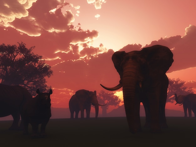 3D render van wilde dieren in een zonsondergang landschap