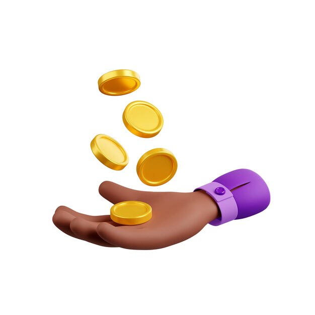 Gratis foto 3d render zwarte hand met gouden munten vallen op palm