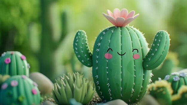 3D rendering cartoon van cactussen met een vriendelijk gezicht