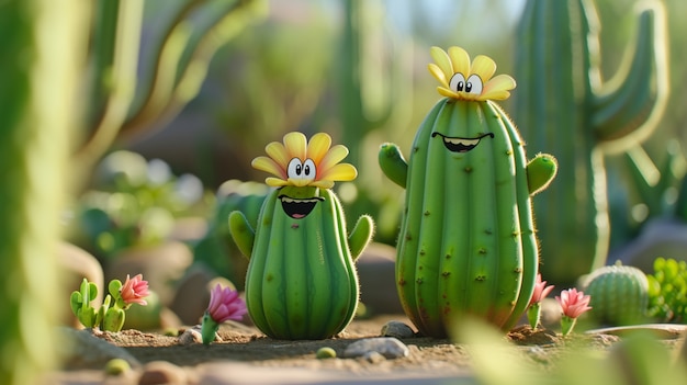 Gratis foto 3d rendering cartoon van cactussen met een vriendelijk gezicht