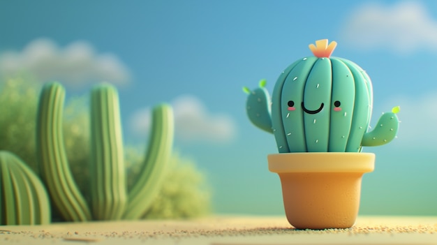 3D rendering cartoon van cactussen met een vriendelijk gezicht