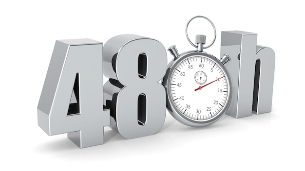 3D-rendering illustratie van een stopwatch met 48 uur woord geïsoleerd op een witte achtergrond