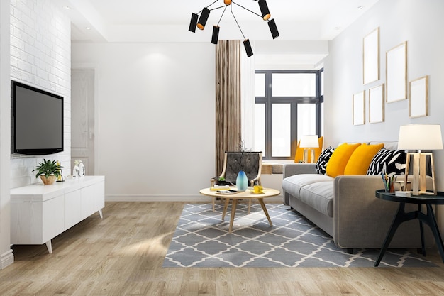 3D-rendering loft luxe woonkamer met boekenplank