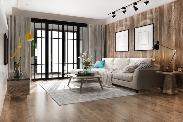 3D-rendering loft luxe woonkamer met boekenplank