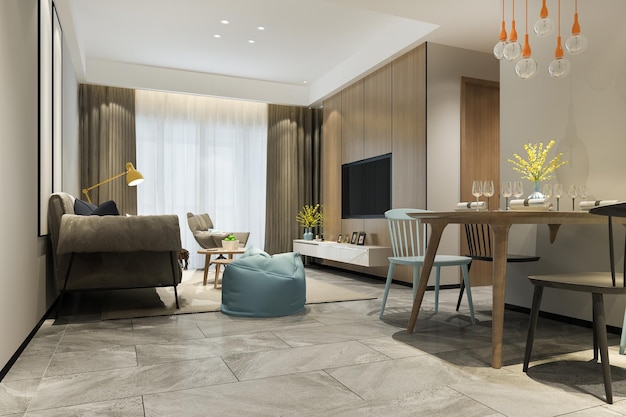 3D-rendering loft luxe woonkamer met plank in de buurt van eettafel