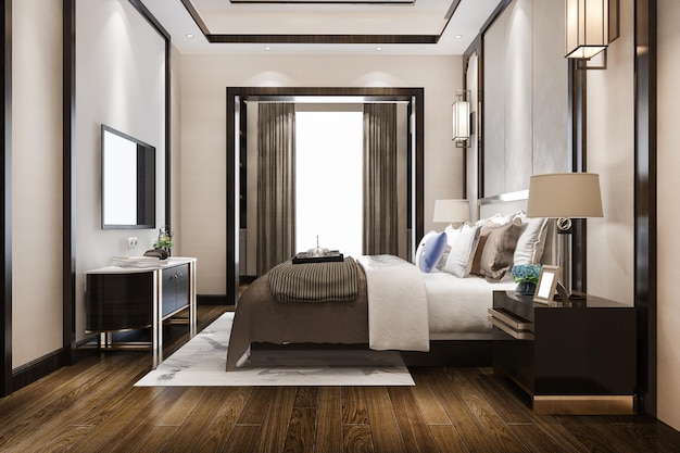 3D rendering luxe moderne slaapkamer suite in hotel met tv en kast