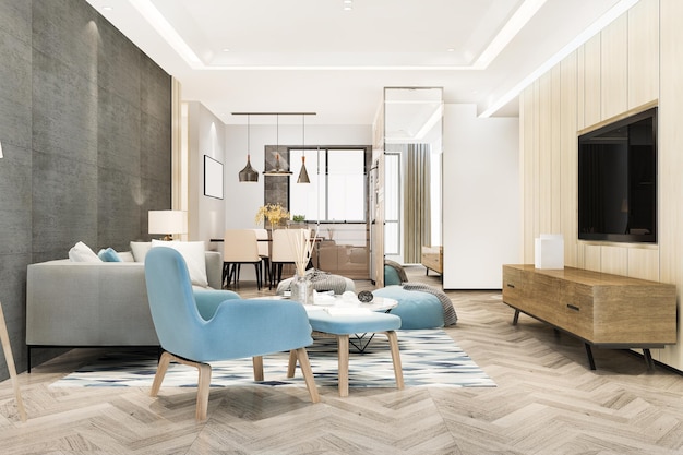 3D-rendering moderne eetkamer en woonkamer met luxe decor