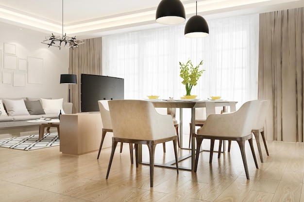 3D-rendering moderne eetkamer en woonkamer met luxe decor