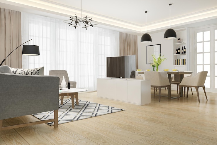 Gratis Foto 3d-rendering moderne eetkamer en woonkamer met luxe decor