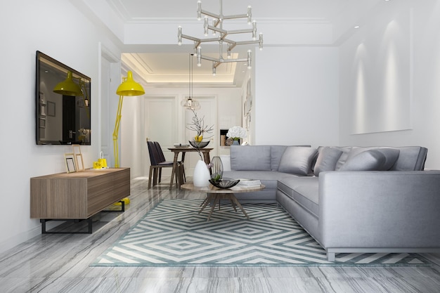 3D rendering moderne eetkamer en woonkamer met luxe inrichting en gele lamp