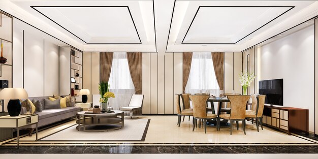 3D-rendering moderne eetkamer en woonkamer met luxe inrichting