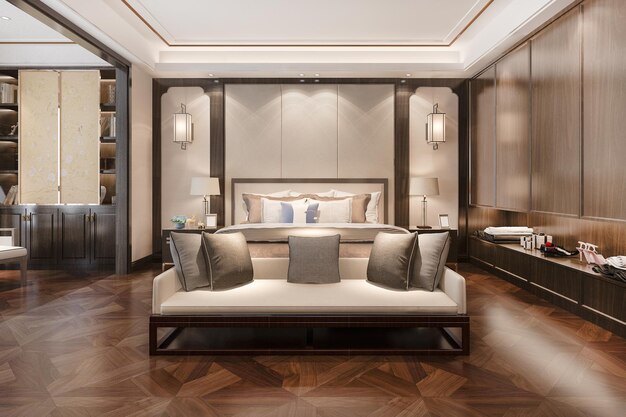 3D-rendering mooie hedendaagse luxe slaapkamer suite in hotel met tv