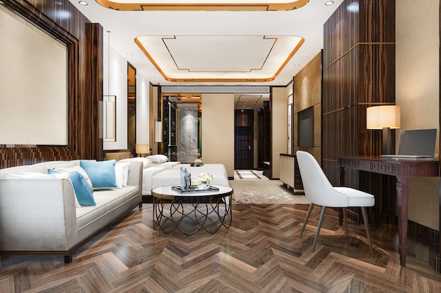 3D-rendering mooie luxe slaapkamer suite in hotel met tv en werktafel