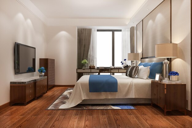 3D-rendering prachtige luxe slaapkamersuite in hotel met tv