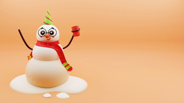 3d-rendering sneeuwpop karakter op glanzende oranje achtergrond.