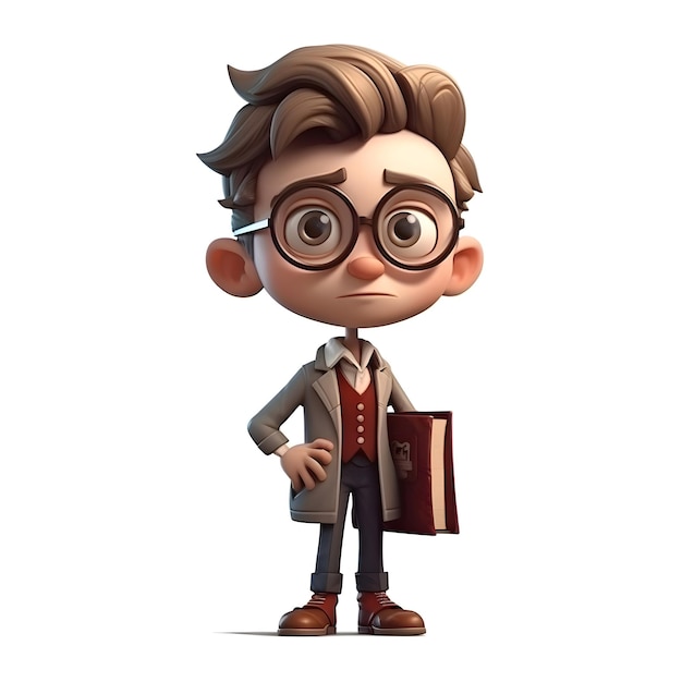 3D-rendering van een kleine jongen met een bril en een koffer