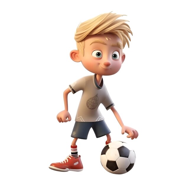 3D-rendering van een kleine jongen met een voetbal geïsoleerd op een witte achtergrond