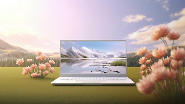 3D-rendering van een laptop in de natuur