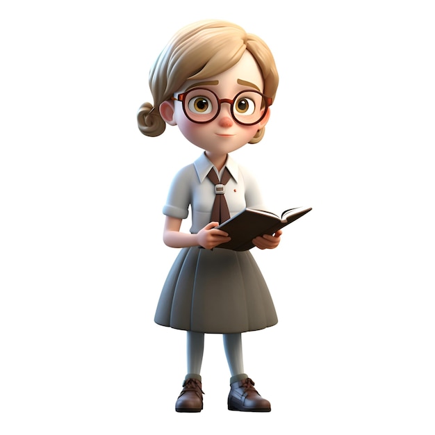 3D-rendering van kleine zakenvrouw met notebook en bril