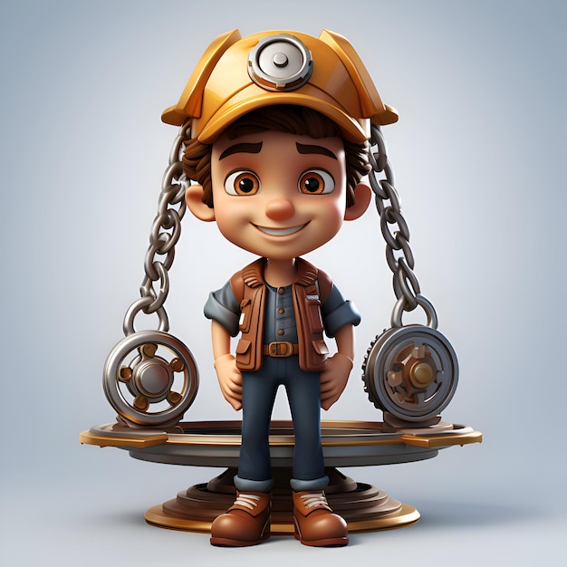 Gratis foto 3d-rendering van little boy met steampunk helm en helm op de schommel