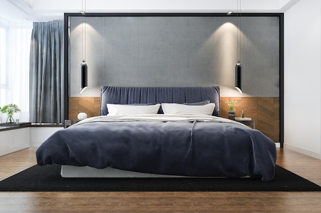 3D-rendering vintage minimale mock-up slaapkamer in Scandinavische en klassieke stijl